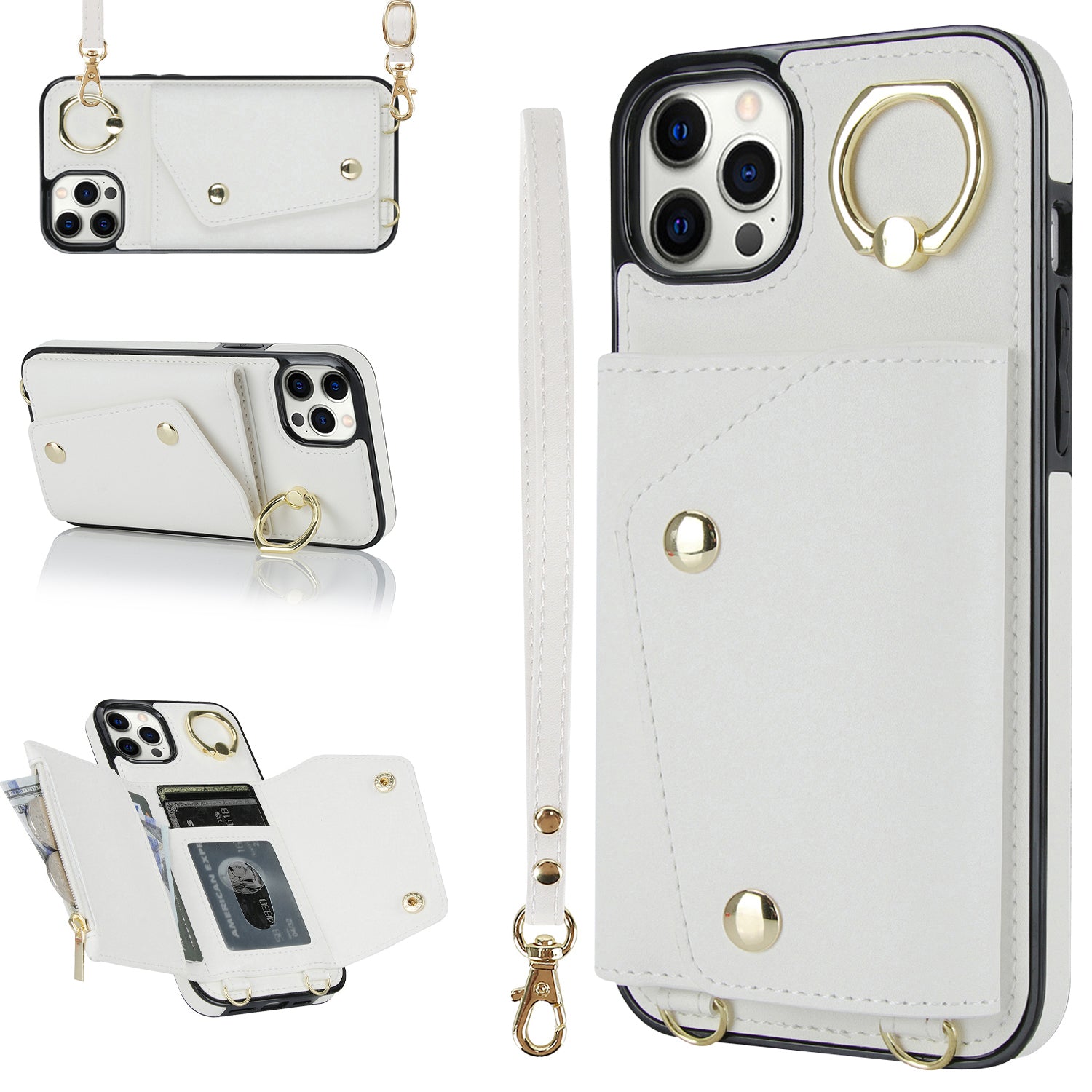 Crossbody pouzdro na telefon pro iPhone 12 Pro Max Ring Kickstand Kickstand Peněženka na zip PU Leather Coated TPU Cover Crossbody pouzdro na telefon pro iPhone 12 Pro Max Ring Kickstand Kickstand Peněženka na zip PU Leather Coated TPU Cover
